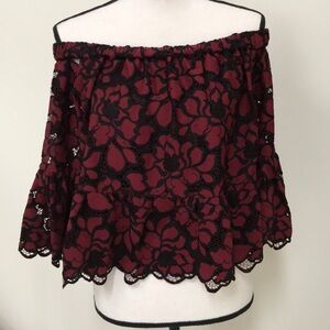 Likely Burgundy Floral Designer Off The Shoulder Bell Sleeve Top, Size M